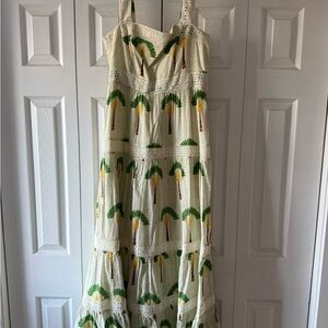 Calypso St. Barth Cream Maxi Dress with Green and Yellow Palm Print